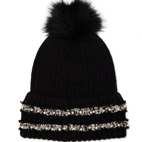 TIME AND TRU  like new Black Knit Beanie with Faux Fur Pom with pearls - Picture 2 of 4